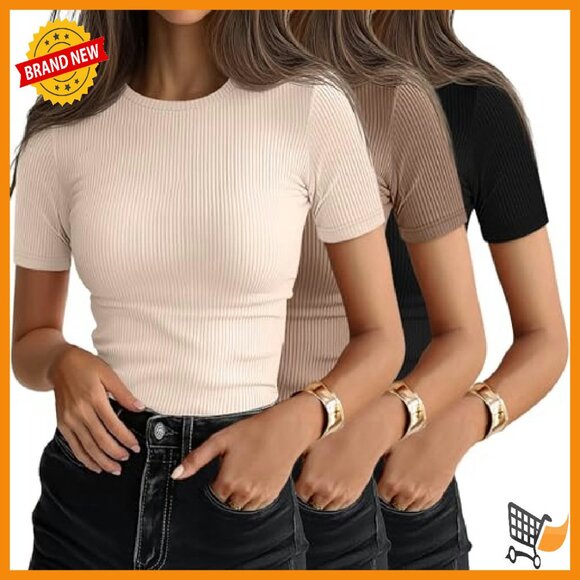 3 Pack Women's Ribbed Cotton Tees Slim Fit Short Sleeve Crewneck Tops - Picture 2 of 8